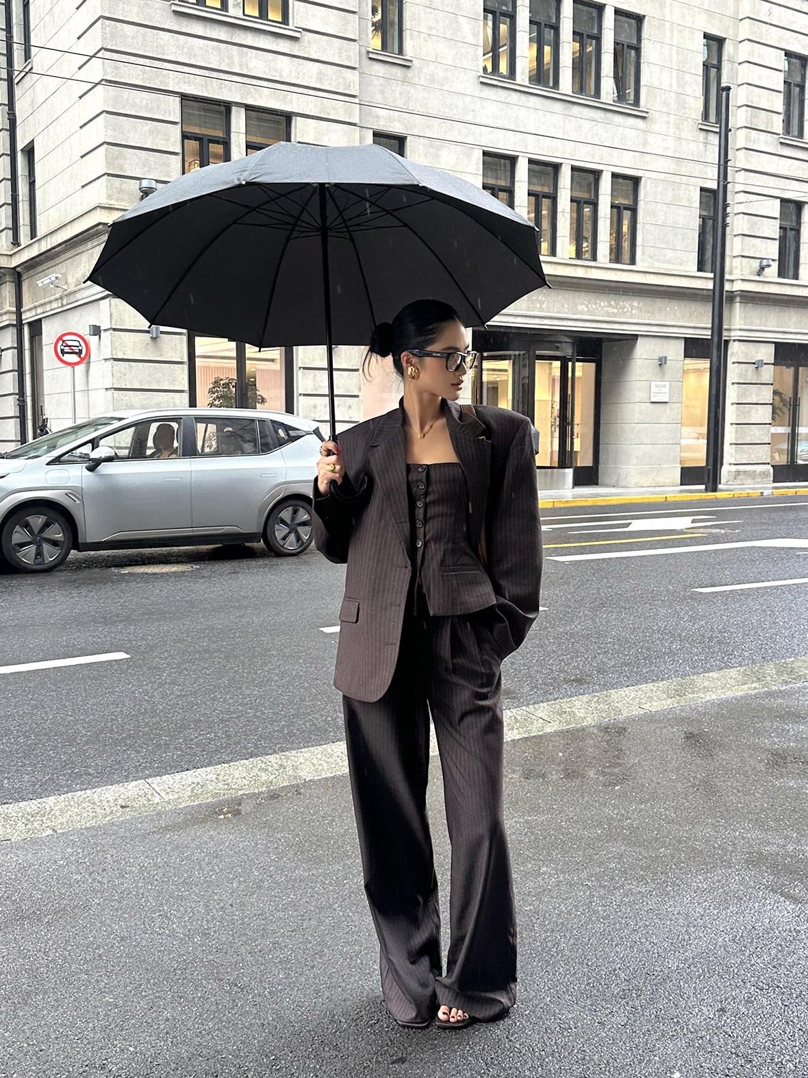 rovente Elastic Waist Minimalist Stripe Workwear Women Pocket Brown Wide Leg Pants