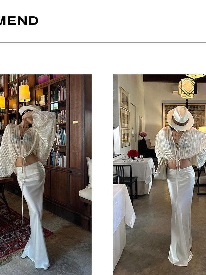 rovente Breathable Elegant V-neck Tie Cardigan Women White Long Sleeve Cop Tops