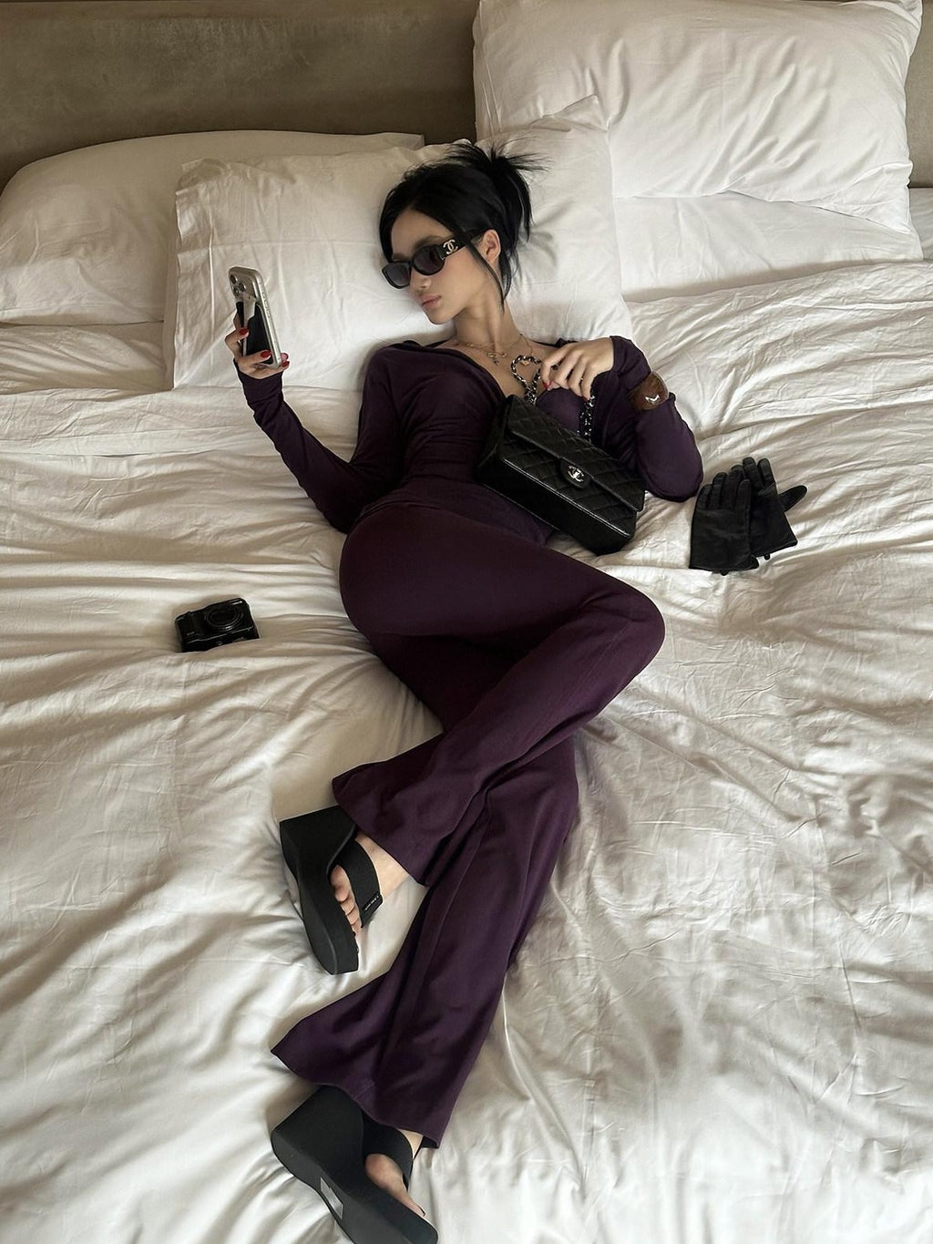 rovente Lyocell Wool Knit Slim V-neck Casual Women Purple Black Top & Pants Sets