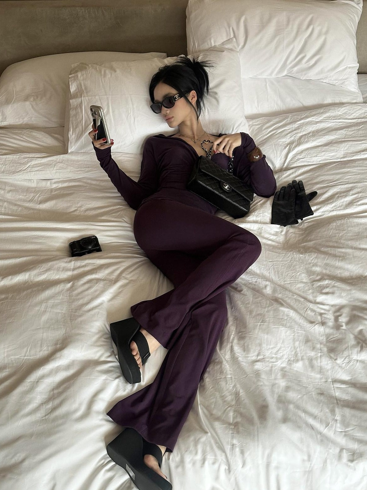 rovente Lyocell Wool Knit Slim V-neck Casual Women Purple Black Top & Pants Sets