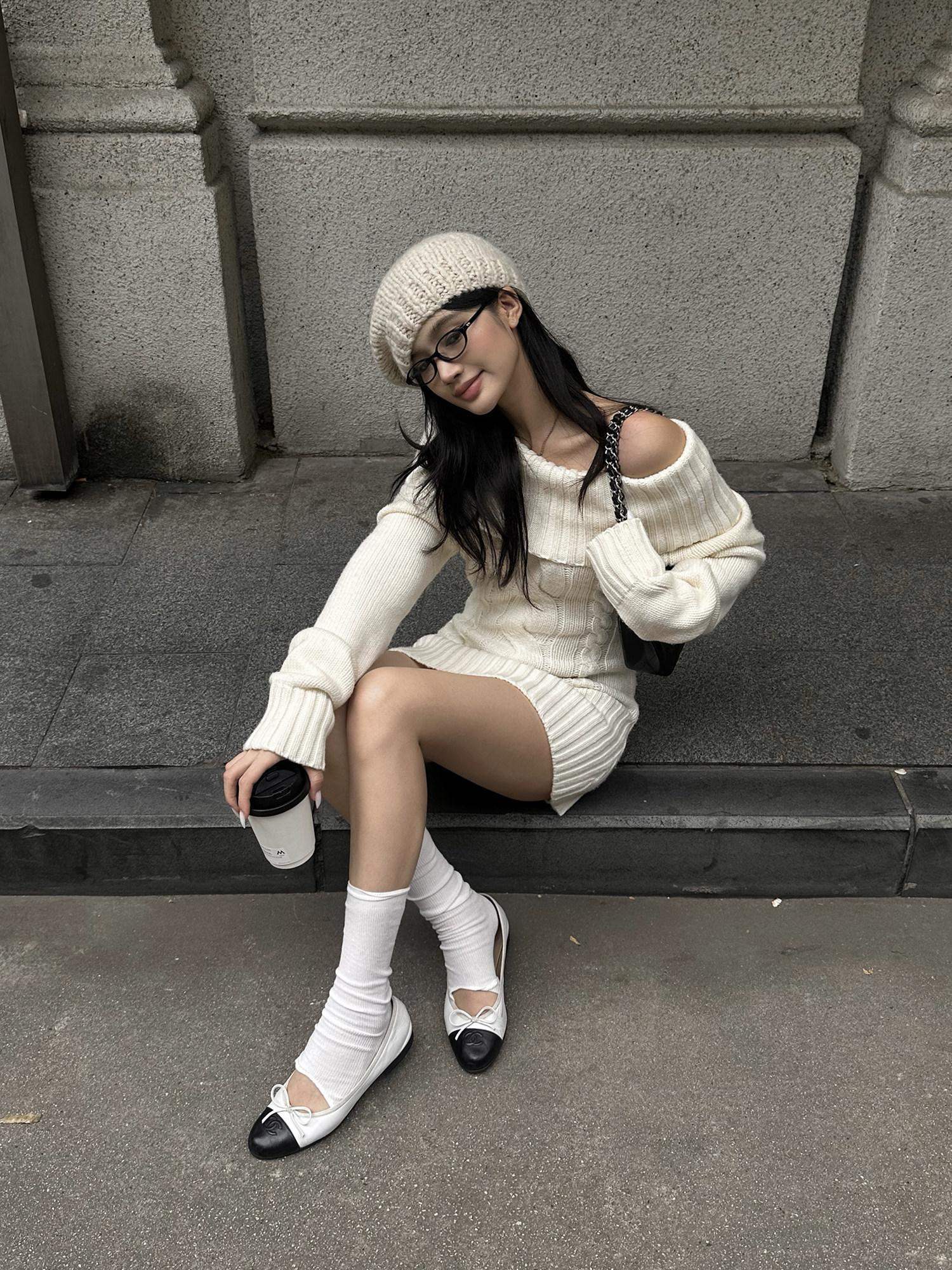 rovente Cozy Knit Off Shoulder Longsleeve Loose Fit Workwear Pullover Almond Mini Desses