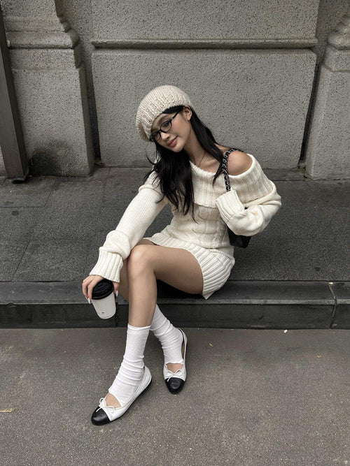 rovente Cozy Knit Off Shoulder Longsleeve Loose Fit Workwear Pullover Almond Mini Desses