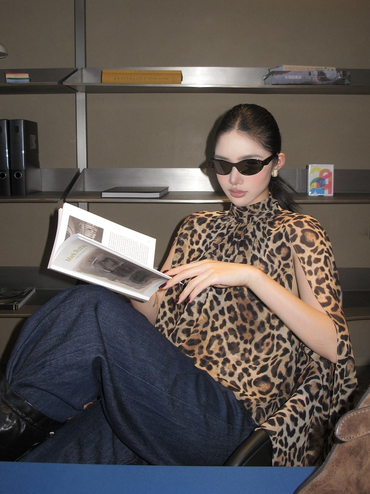 rovente 100 Percent Polyester Leopard High Neck Side Slit Button Shot Sleeve T-Shits