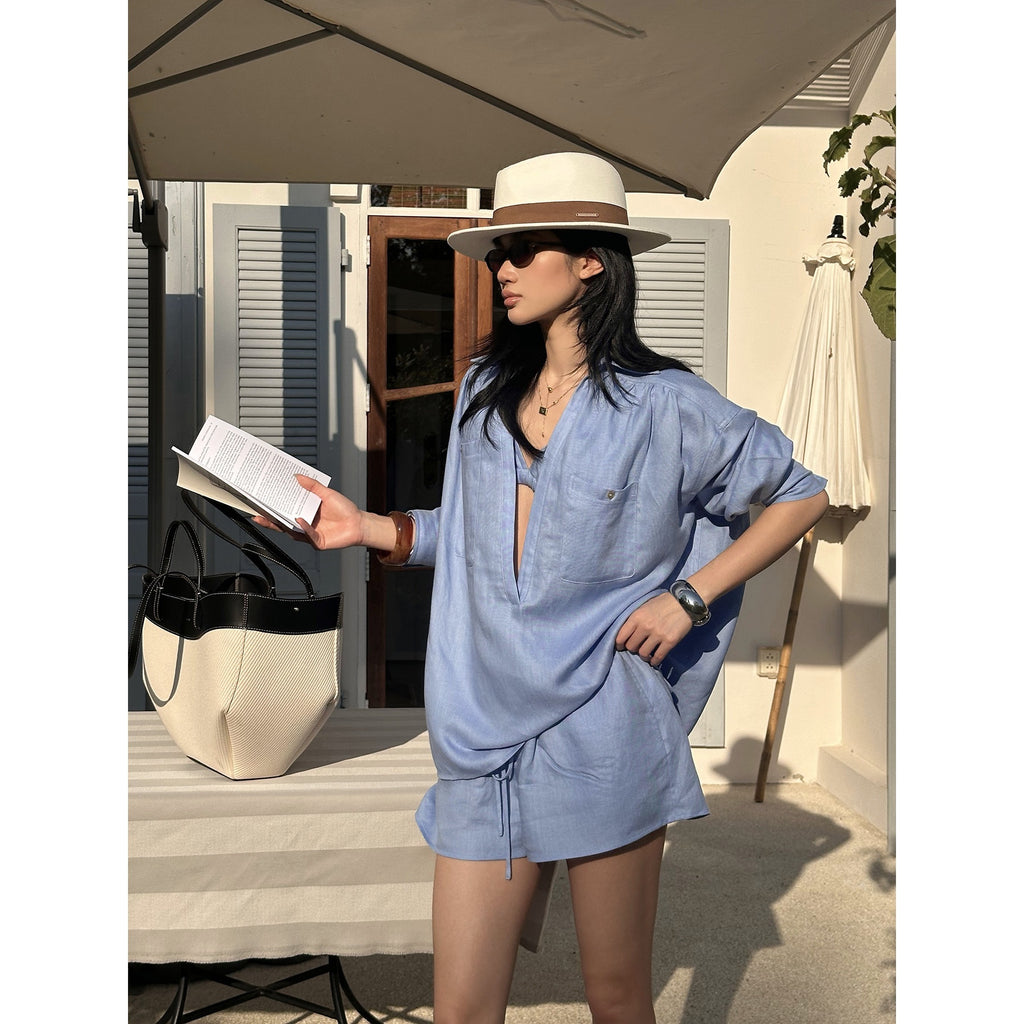 rovente_Lyocell_3_Piece_Loose_V-neck_Long_Sleeve_Casual_Blue_Top_&_Shots_Sets_MISSTT
