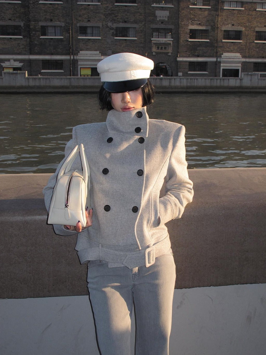 rovente Wool Blend Warm Minimal Loose Commuter Double Breasted Stand Collar Shot Coat