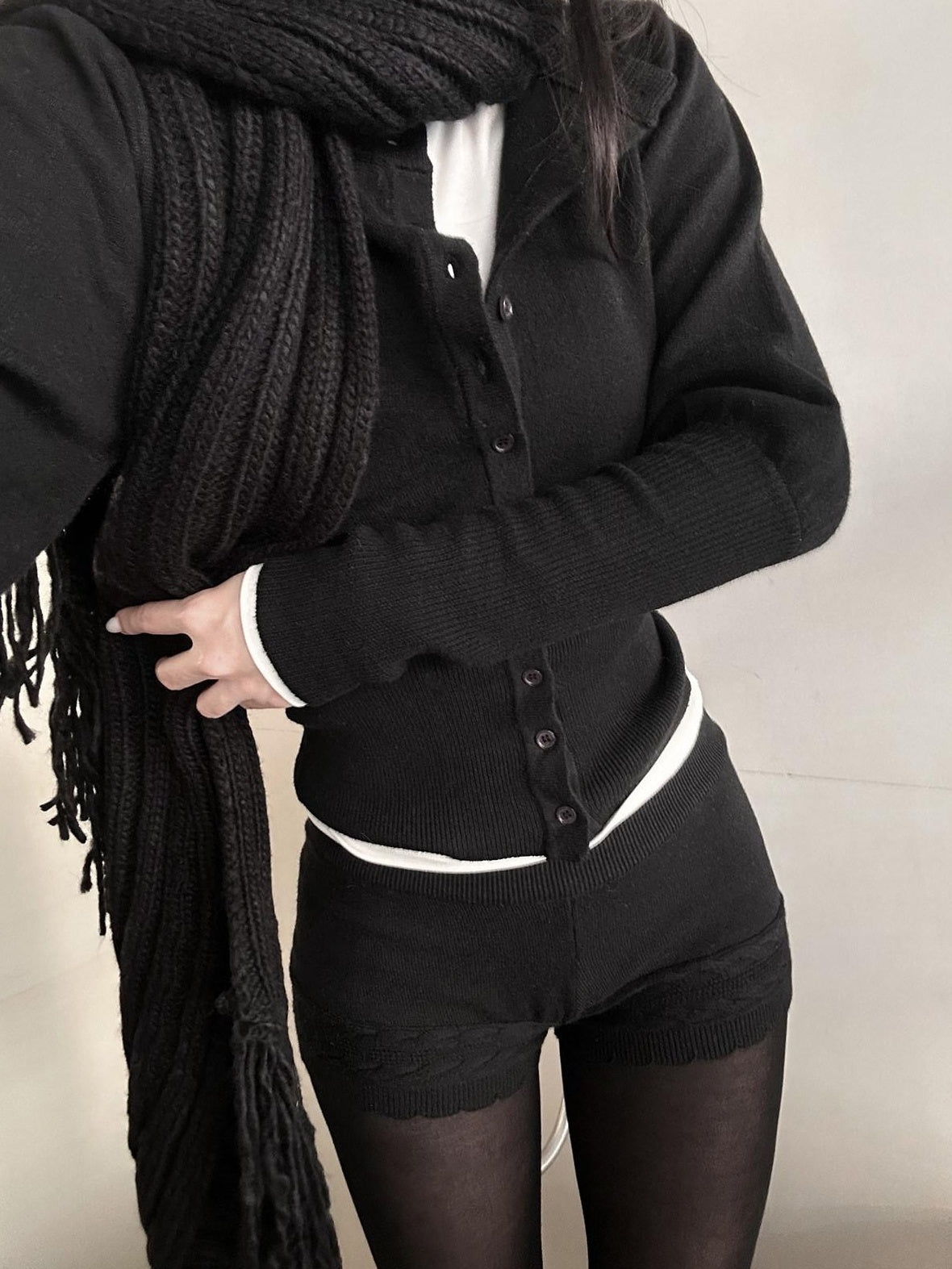 rovente Warm Slim Lace Waist Silk Blend Black Button Cardigan Top & Shots Sets
