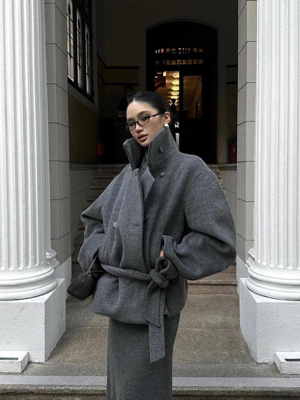 rovente Warm Thick Stand Collar Loose Korean Pocket Women Dark Gray Wool Coats