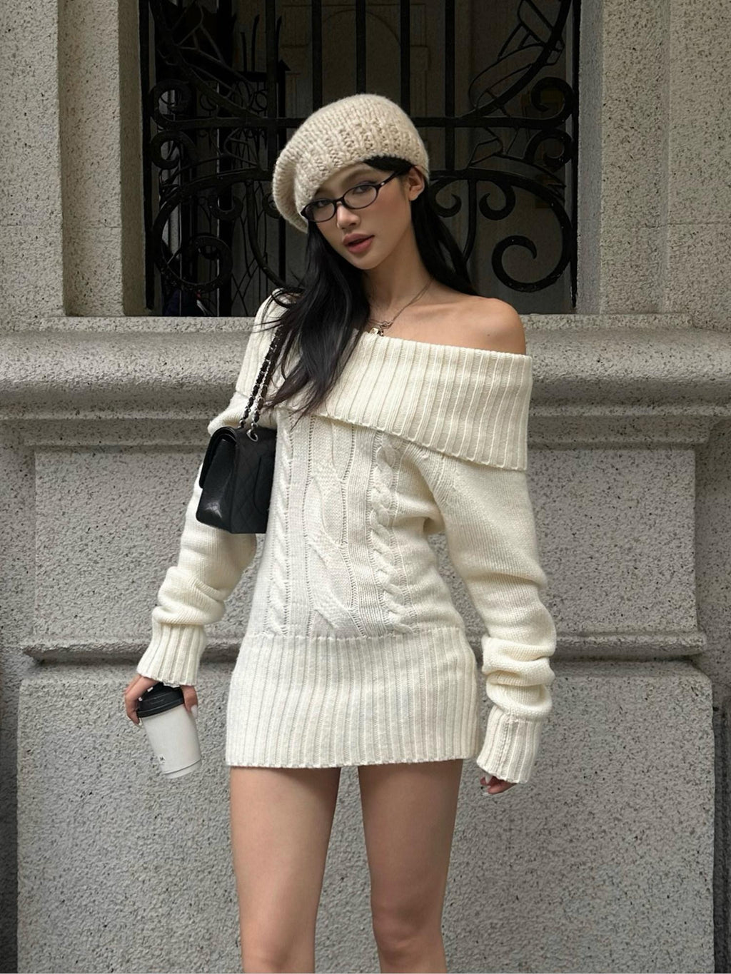 rovente Cozy Knit Off Shoulder Longsleeve Loose Fit Workwear Pullover Almond Mini Desses