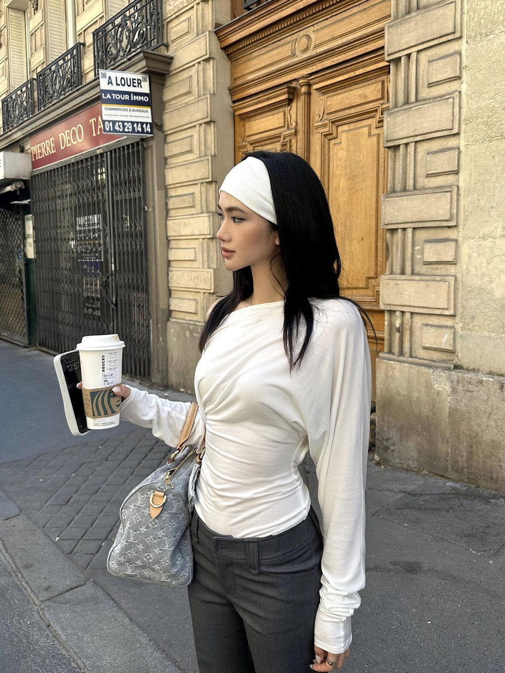 rovente Lyocell Stretch Minimal Loose Diagonal Neck Women Black Long Sleeve T-Shits