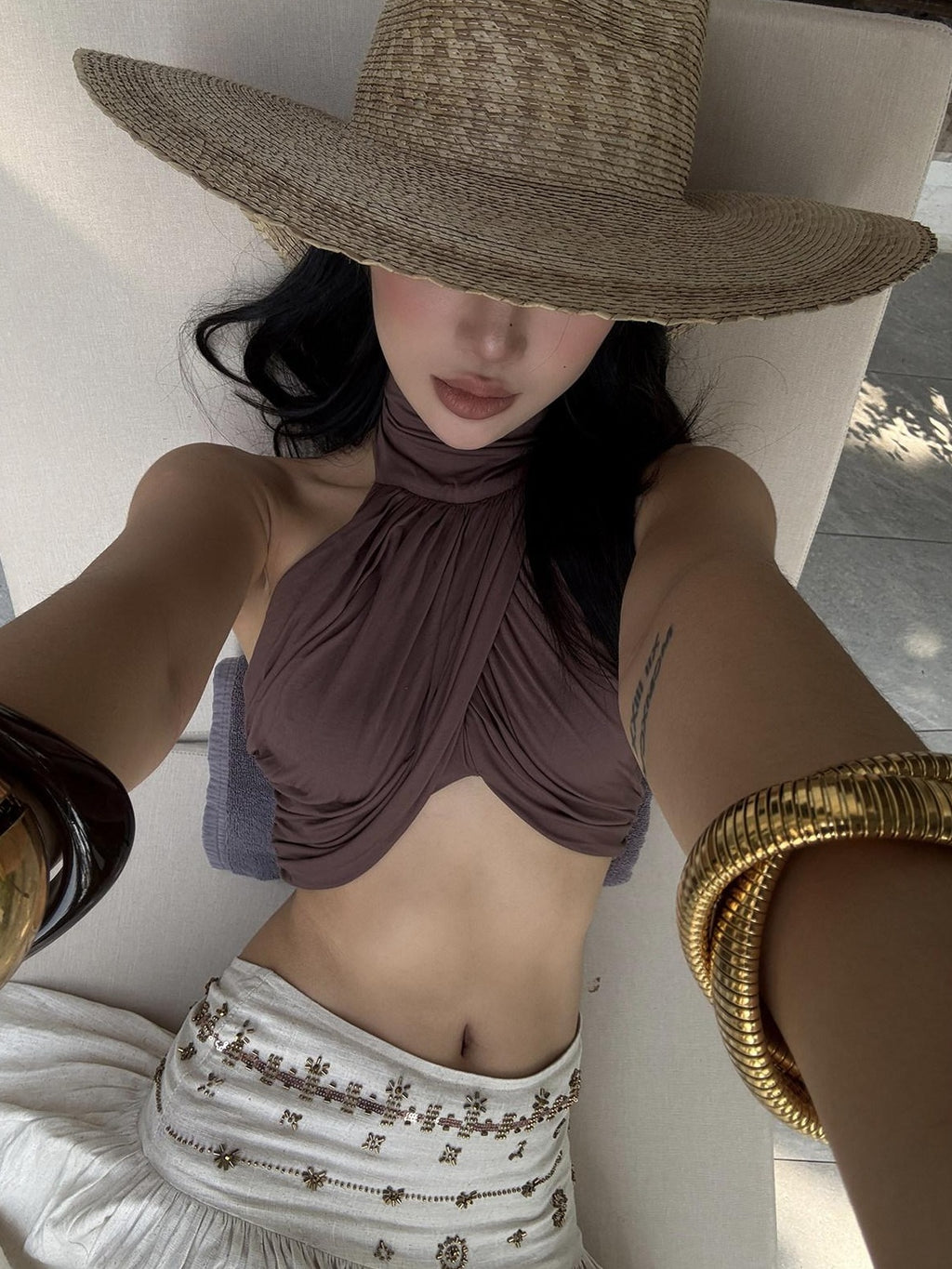 rovente Soft Modal Stretch Slim Halter Neck Cropped Solid Coffee Brown Camisoles