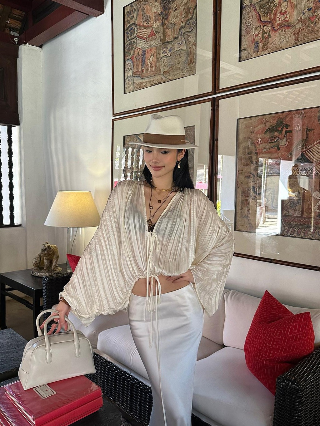 rovente Breathable Elegant V-neck Tie Cardigan Women White Long Sleeve Cop Tops