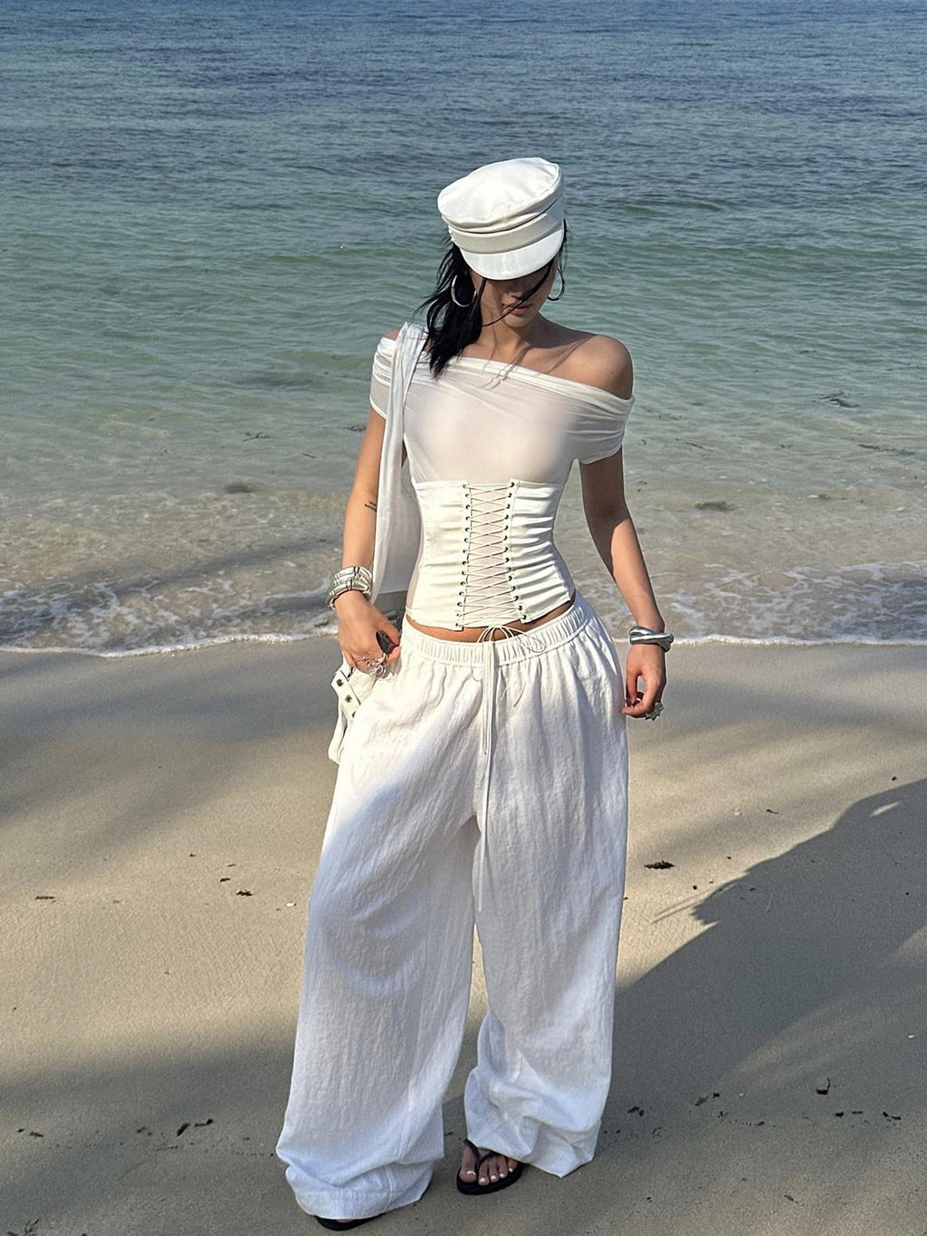 rovente Breathable Cotton Linen Blend Natural Waist Office Loose White Wide Leg Pants