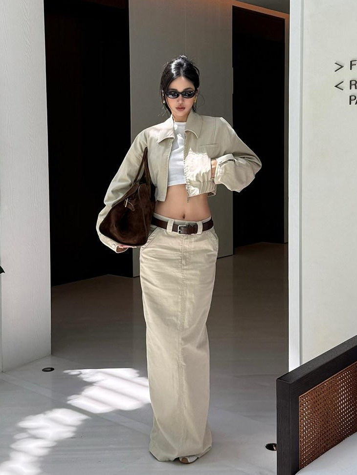 rovente 100 Percent Cotton Mid Waist Straight Side Slit Commuter Women Khaki Maxi Skits