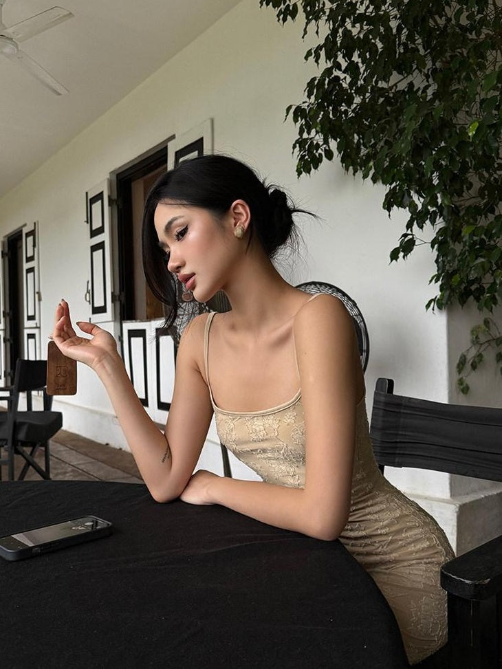 rovente Resort High Waist Sleeveless Bodycon Camisole Party Women Nude Maxi Desses
