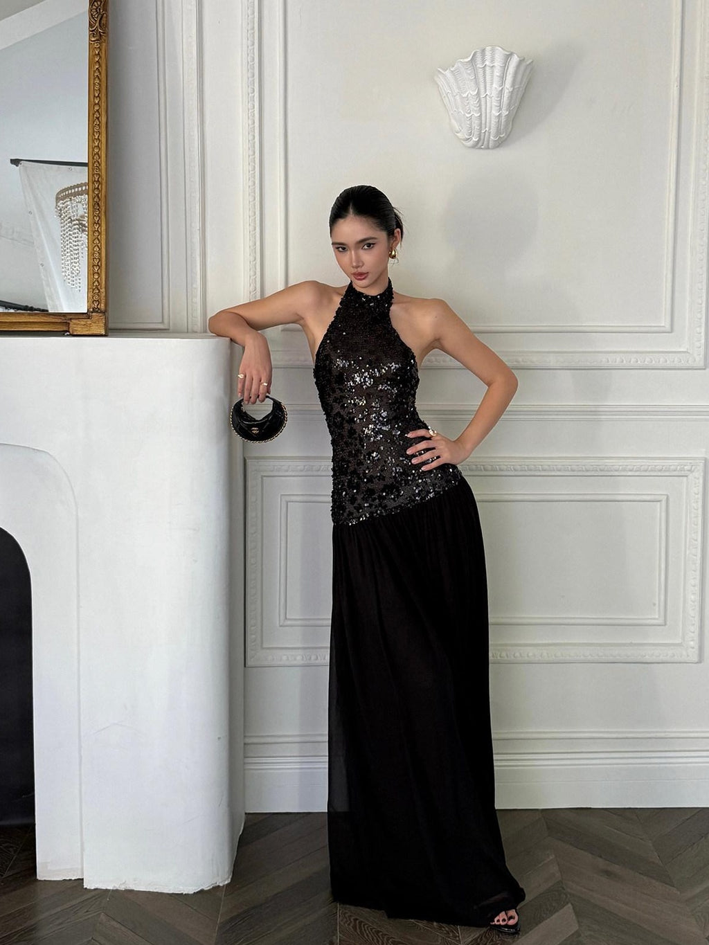 rovente test Shimmer Sequin Halter Neck Natural Waist Banquet Black Stretch Maxi Dresses