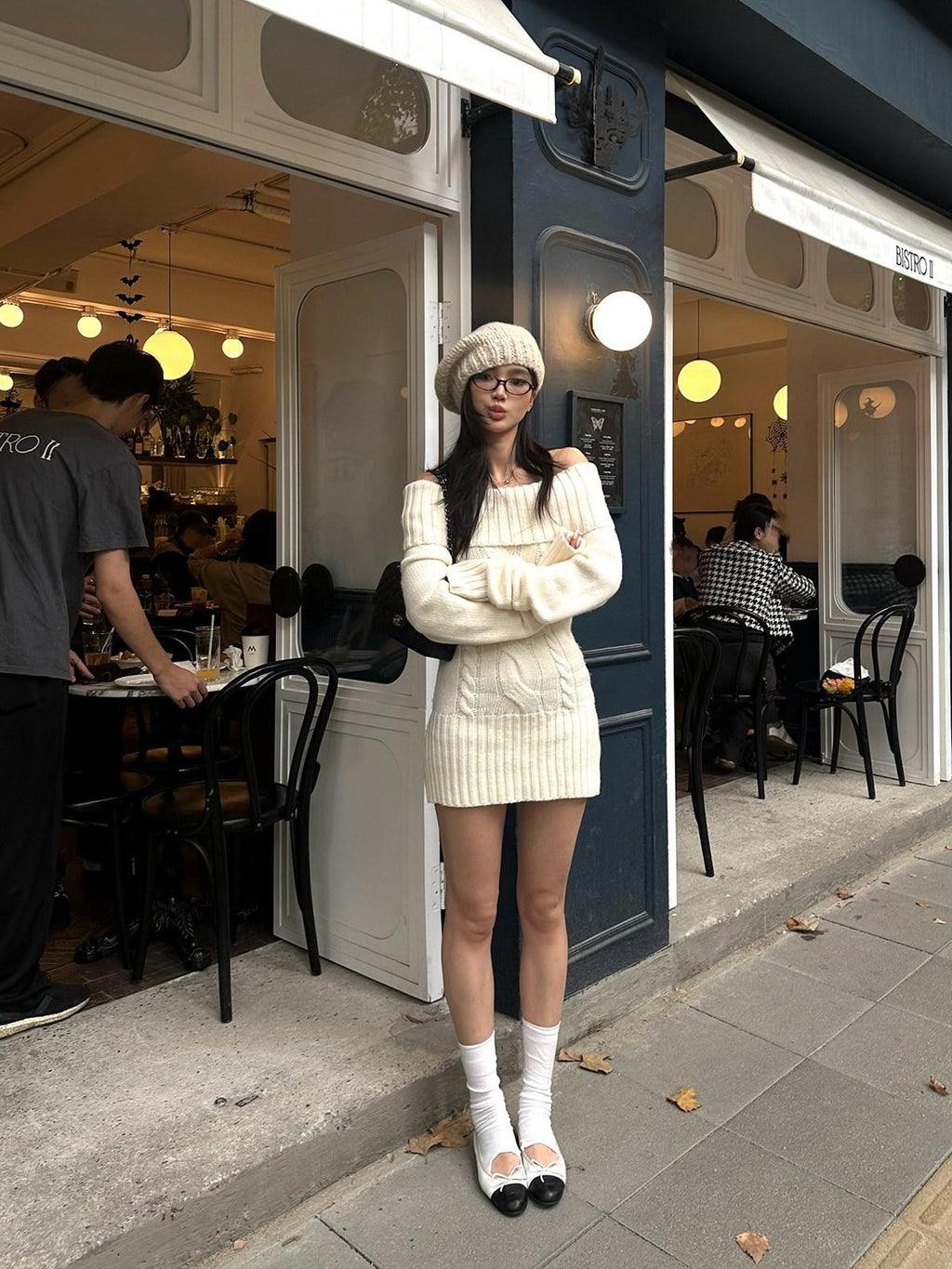 rovente Cozy Knit Off Shoulder Longsleeve Loose Fit Workwear Pullover Almond Mini Desses
