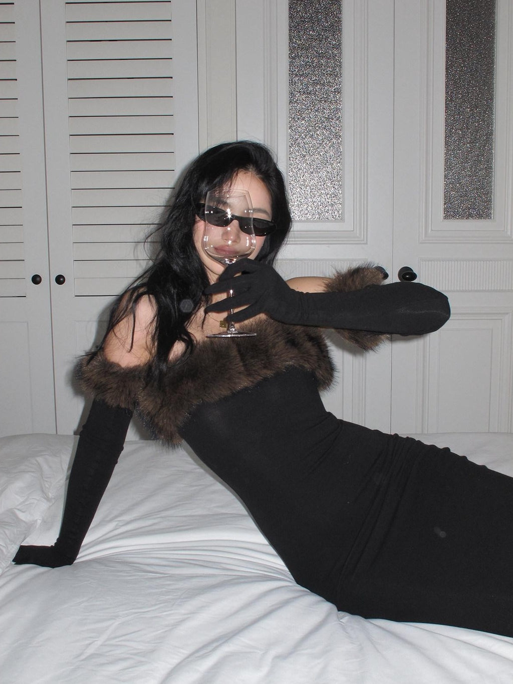 rovente High Stretch Elegant Slim Fit Strapless Knit Black Gloves Included Maxi Desses