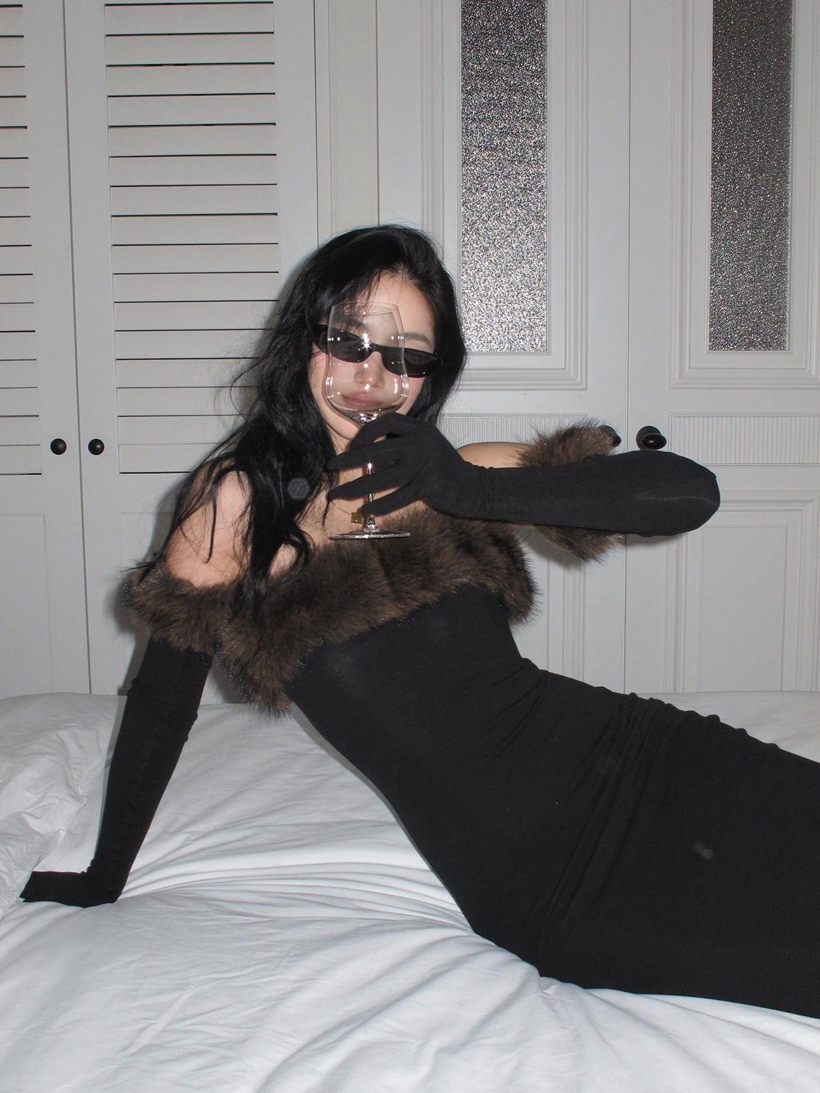 rovente High Stretch Elegant Slim Fit Strapless Knit Black Gloves Included Maxi Desses
