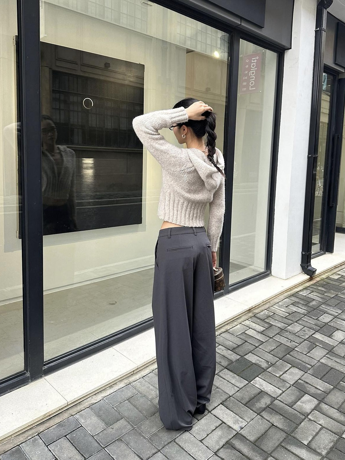 rovente Minimal Casual Natural Waist Zipper Straight Women Solid Grey Wide Leg Pants