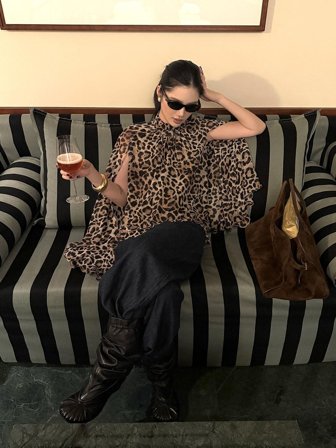 rovente 100 Percent Polyester Leopard High Neck Side Slit Button Shot Sleeve T-Shits