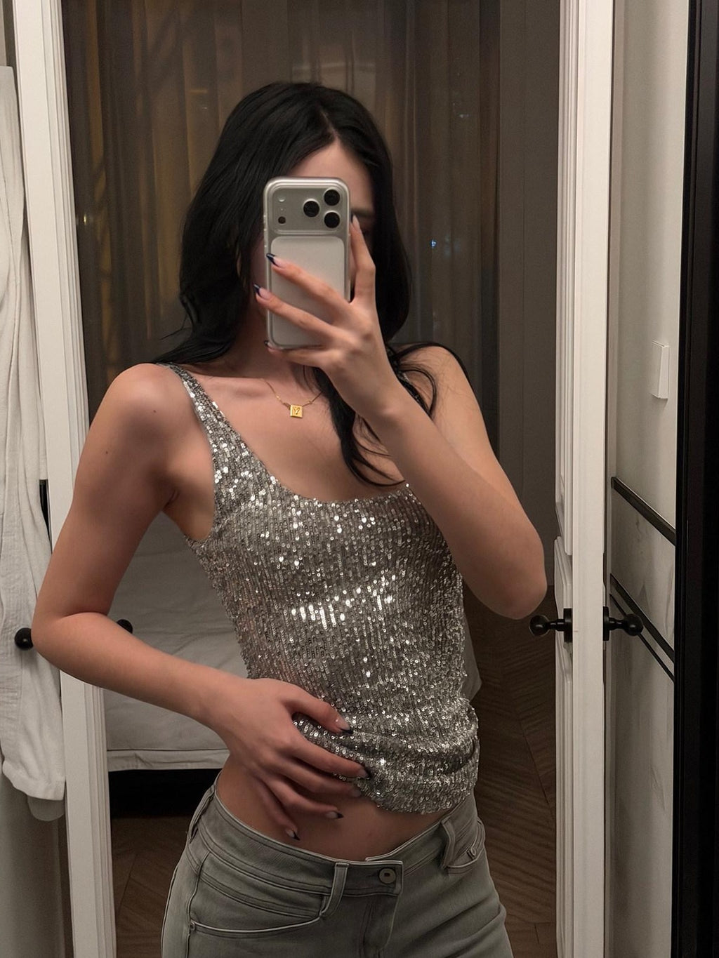 rovente Shimmer Silver High Stretch Spaghetti Strap Slim U Neck Party Travel Camisoles