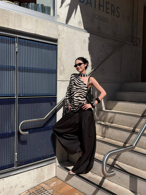 rovente Black White Zebra Contrast Loose Sleeveless Slant Neck Rayon Off Shoulde Cop Tops