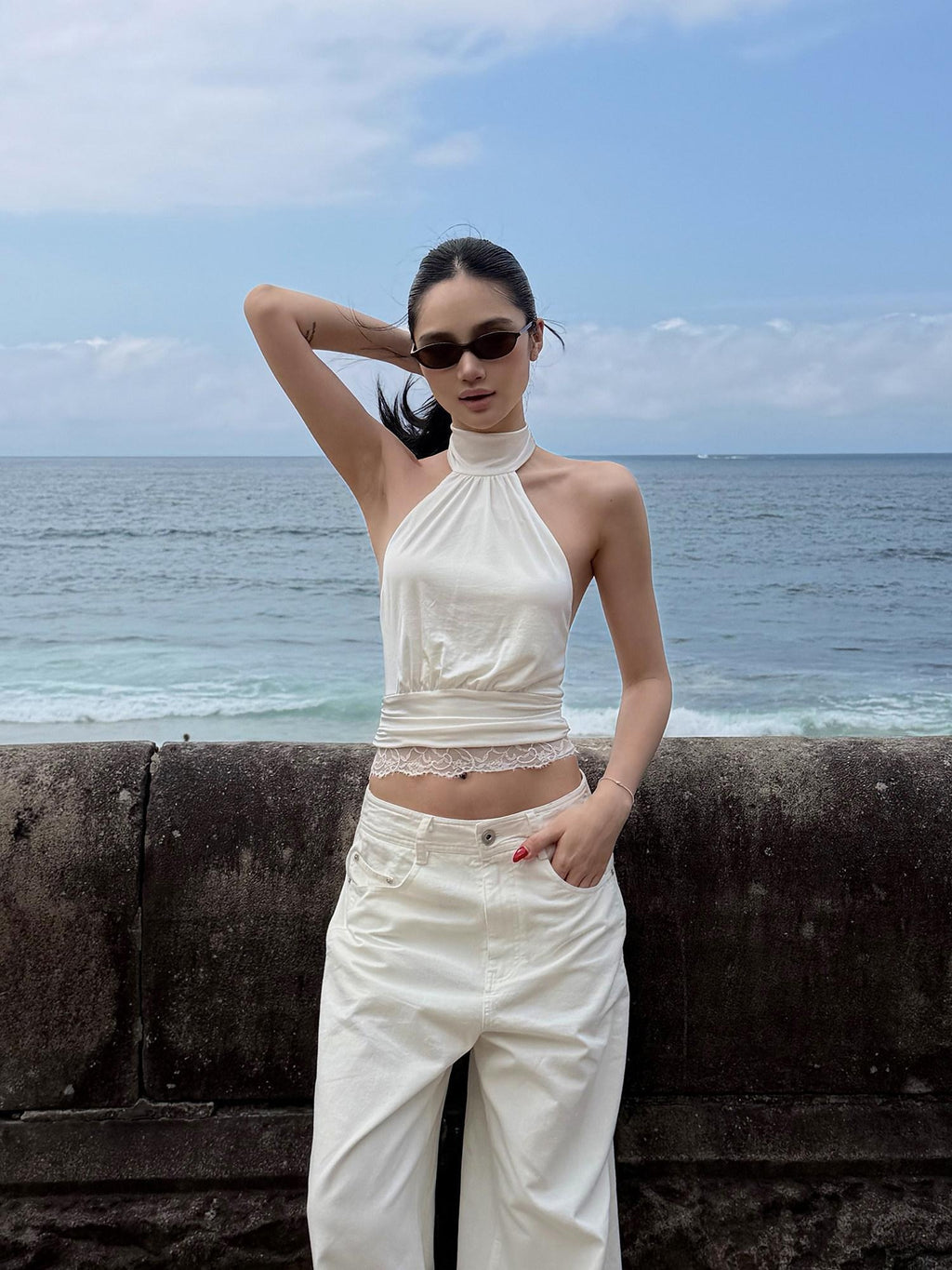 rovente High Stretch Lace Slim Fit Stand Collar Casual Women Acetate Halte Cop Tops