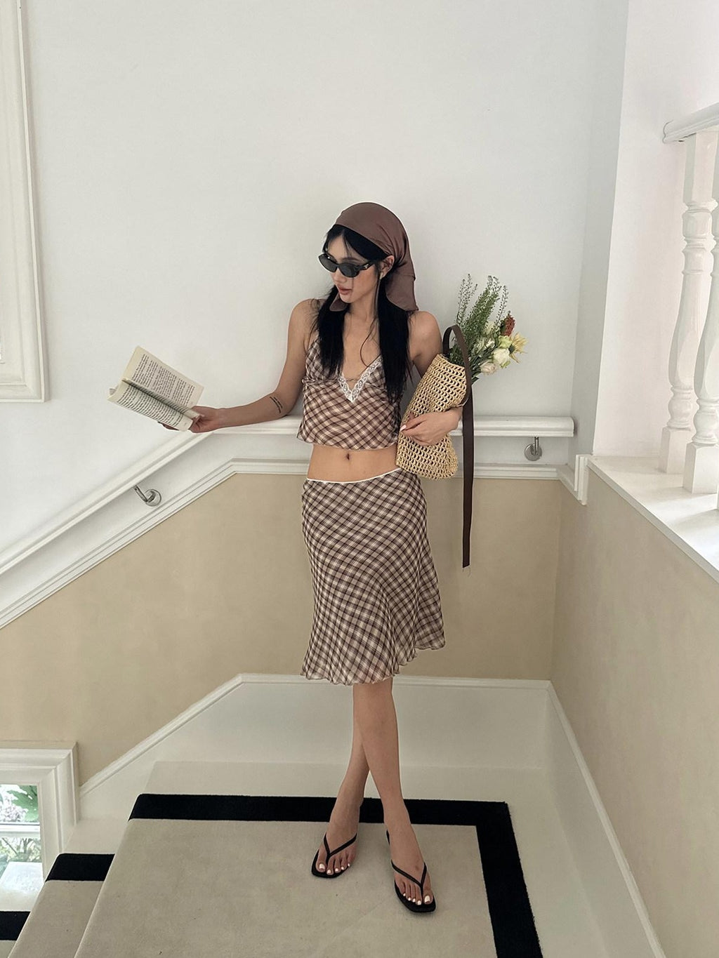 rovente Brown Plaid V-neck Two Piece Cami Skirt Set For Women Top & Skit Sets