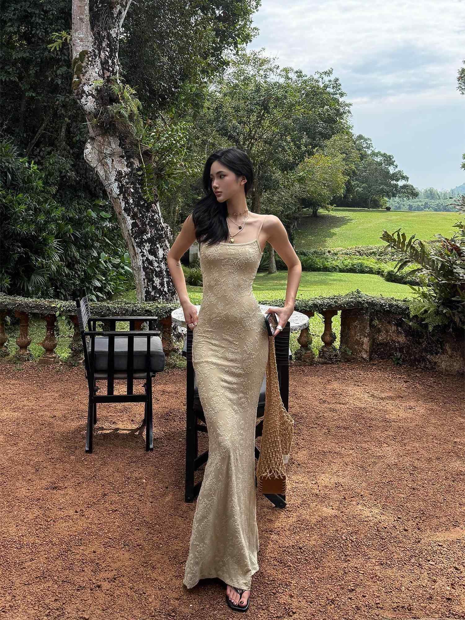 rovente Resort High Waist Sleeveless Bodycon Camisole Party Women Nude Maxi Desses