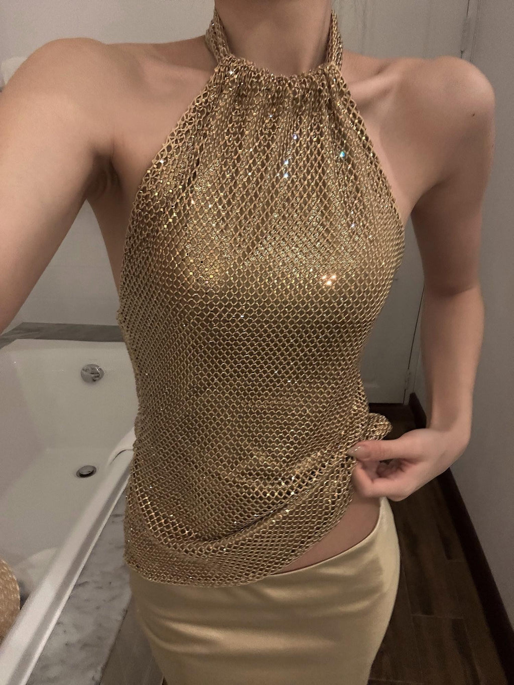 rovente test Gold 3D Embellished Slim Elegant Womens Party Travel Polyester Halter Crop Tops