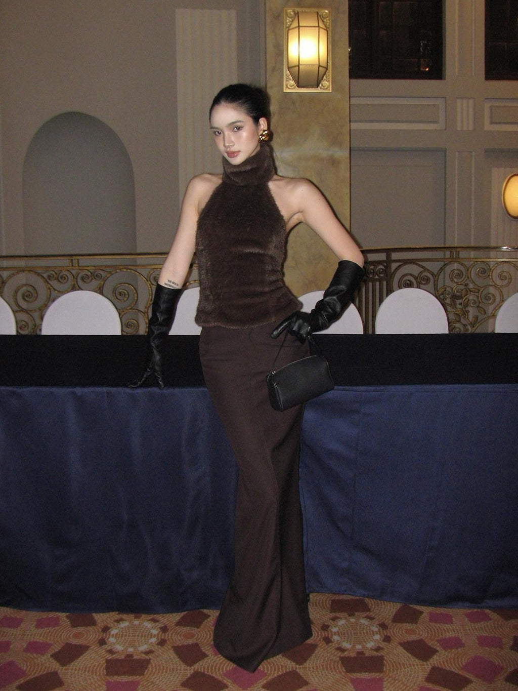 rovente Lined Back Slit Minimalist Low Waist Pencil Skirt With Pockets Brown Maxi Skits
