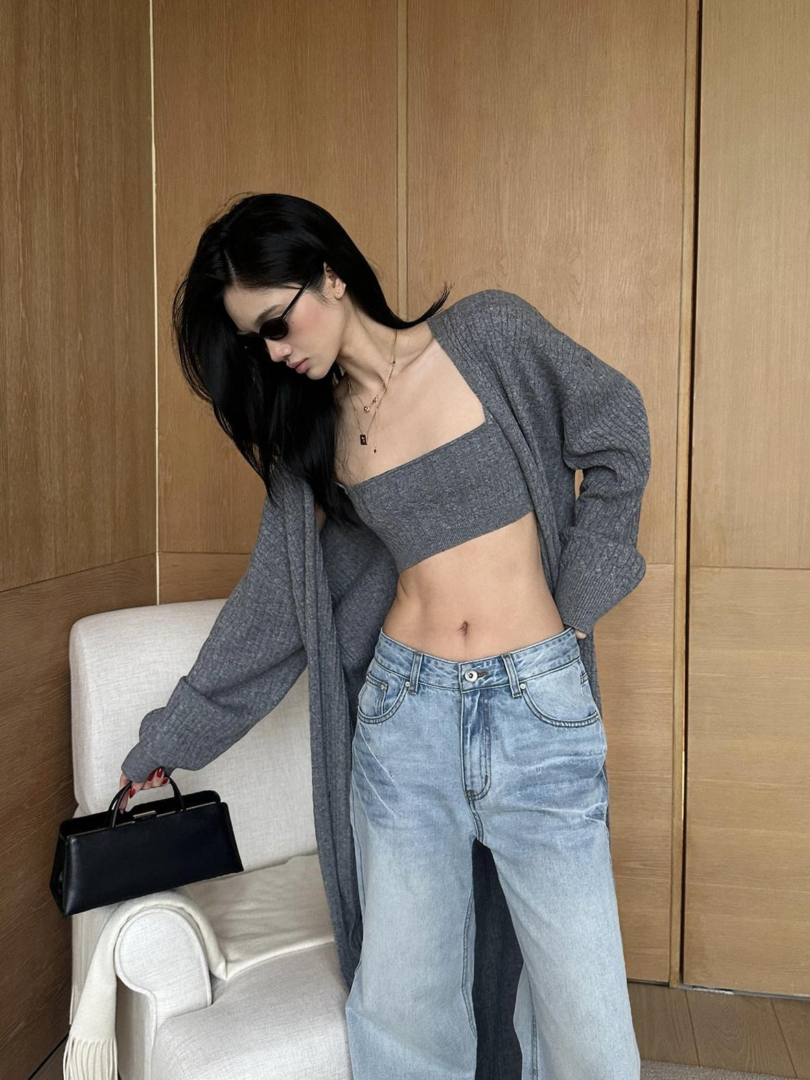 rovente Soft Wool Blend Minimalist Loose Longline Women Gray Knit Buttonless Cadigans