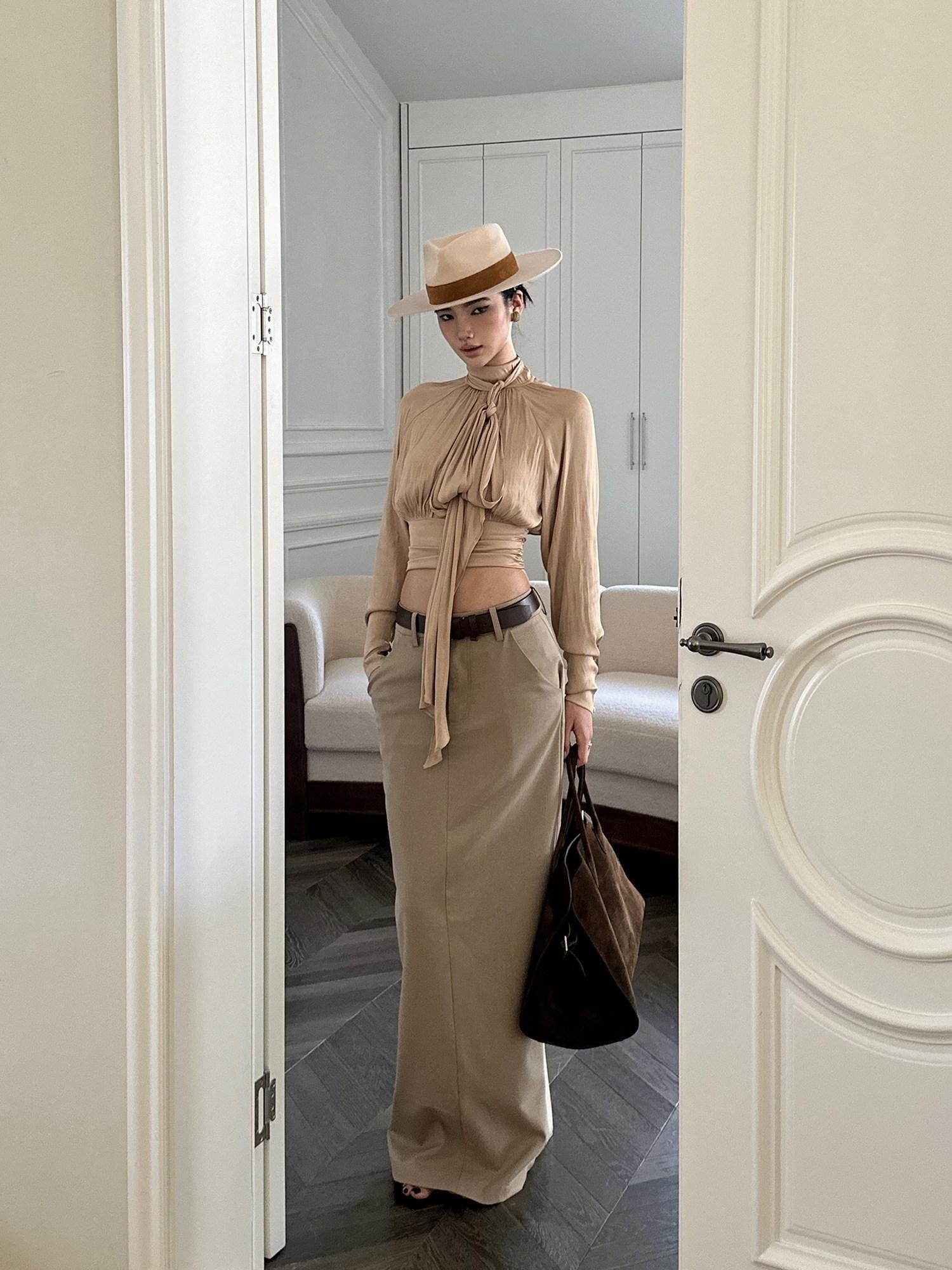 rovente Back Slit Mid Waist Khaki Casual H Cut Straight Poly Blend Maxi Skits