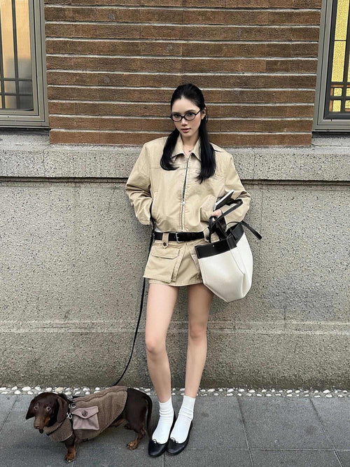rovente Cotton Slim Fit Zipper Casual Cropped Khaki Longsleeve Women Copped Jackets