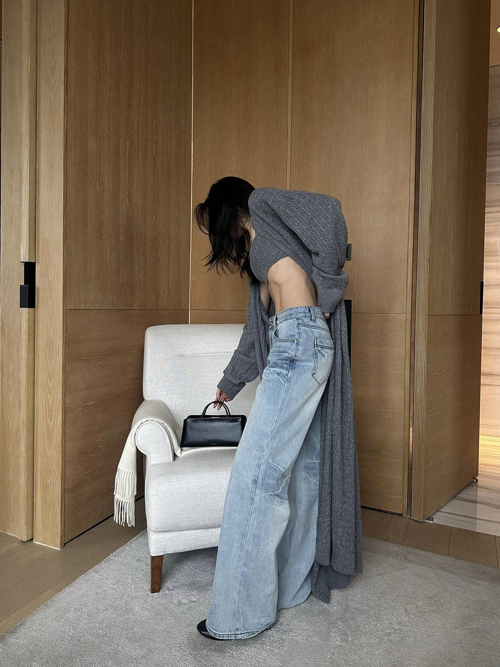 rovente Soft Wool Blend Minimalist Loose Longline Women Gray Knit Buttonless Cadigans