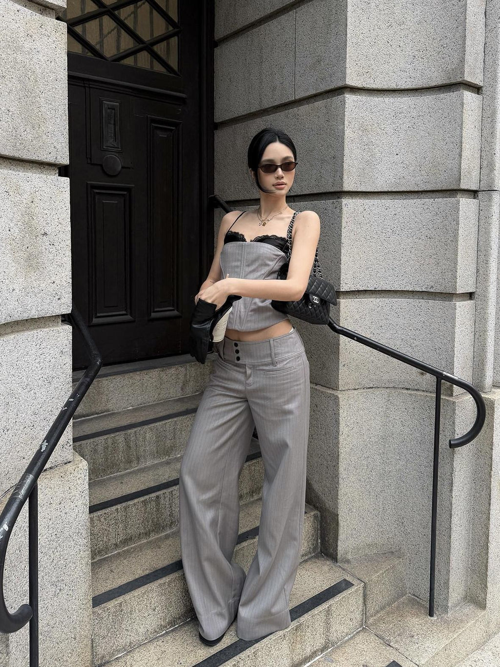 rovente Lace Trim Slim Fit Striped Zipper Women Travel Daily Polyester Camisoles