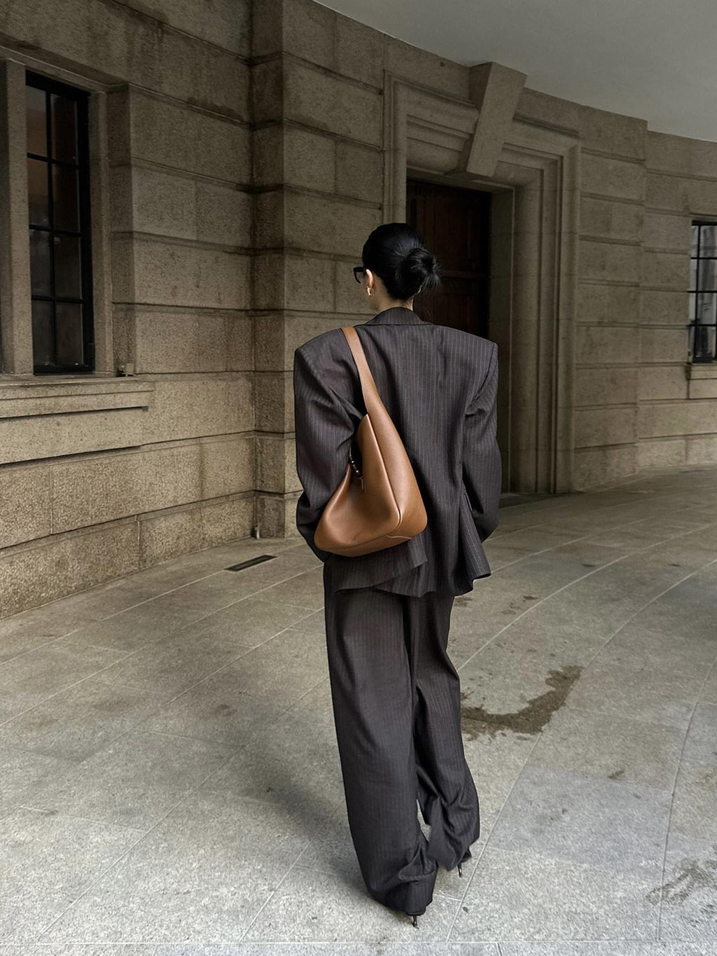 rovente Warm Striped Loose Fit Commuter Work Women Long Sleeve Brown Top & Pants Sets