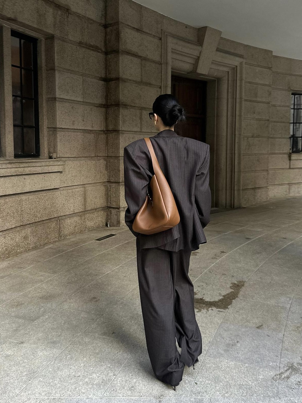 rovente Warm Striped Loose Fit Commuter Work Women Long Sleeve Brown Top & Pants Sets