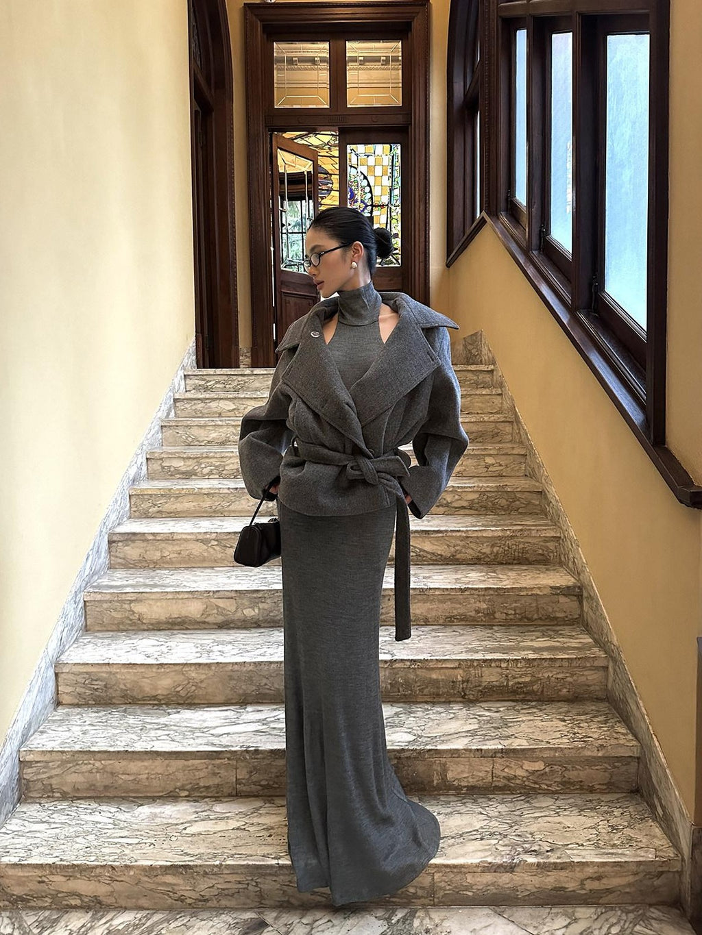 rovente Warm Thick Stand Collar Loose Korean Pocket Women Dark Gray Wool Coats