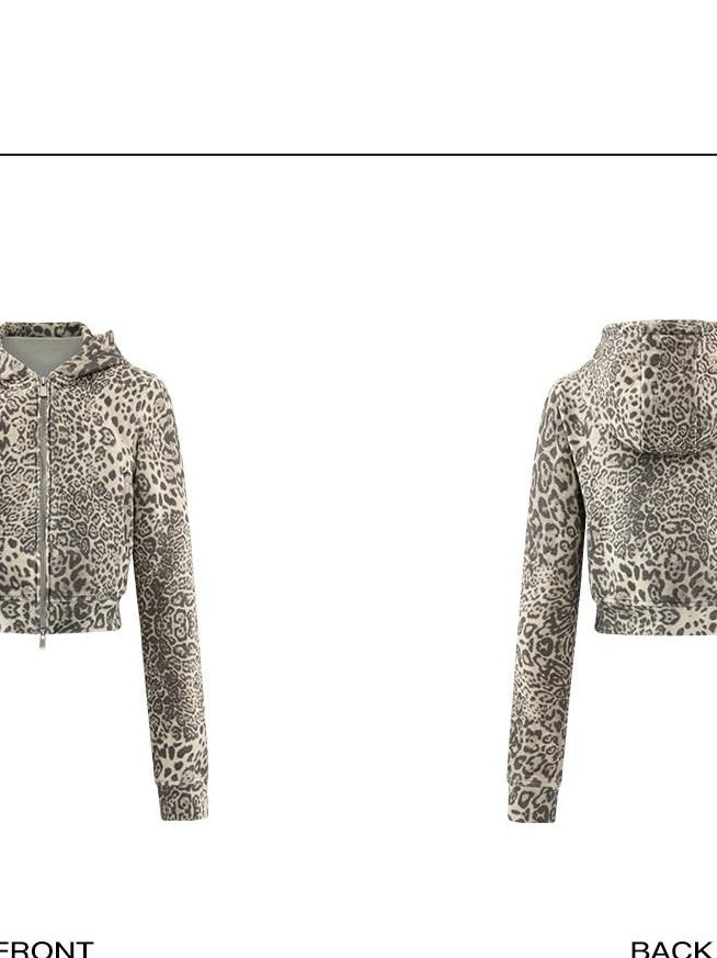 rovente Leopard Print Oversized Cropped Hooded Zip Women 100 Percent Cotton Hoodie