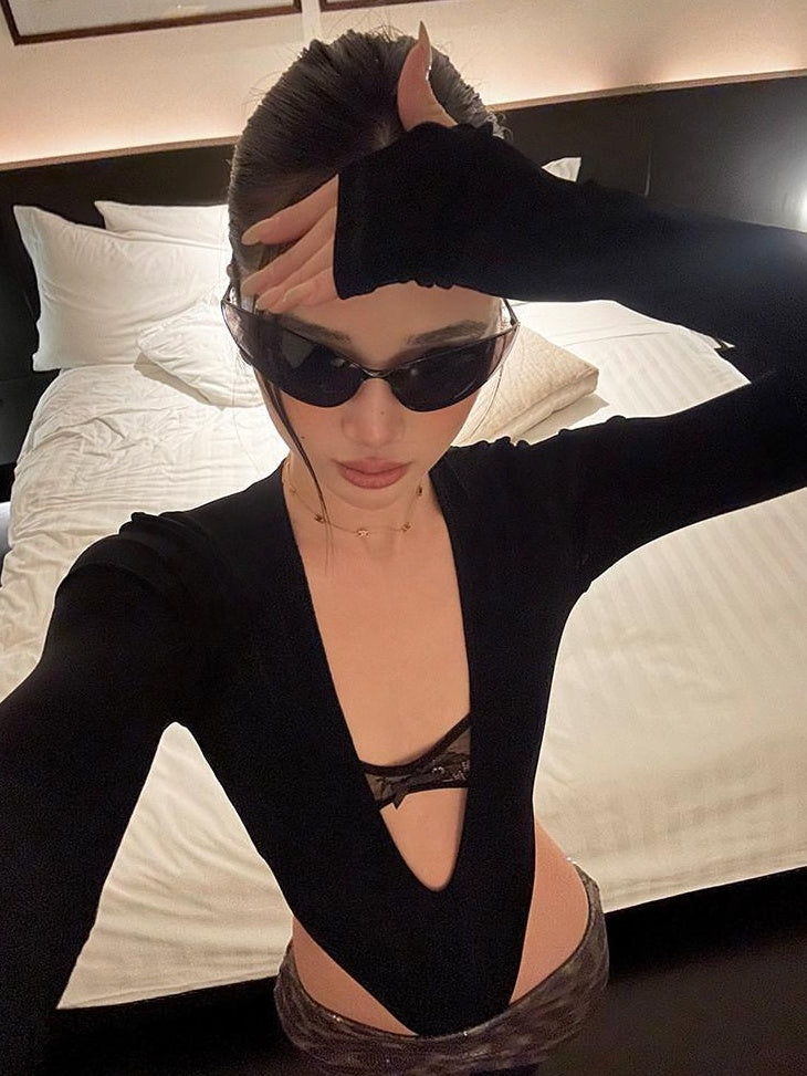 rovente Sexy V-neck Slim Fit Stretch Black Acetate Women Casual Long Sleeve T-Shits