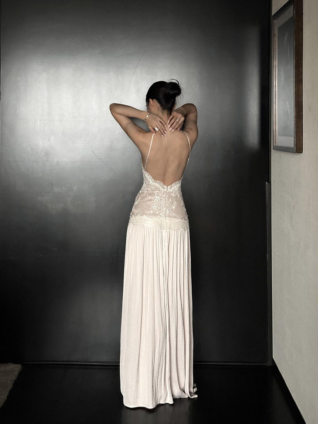 rovente test Elegant Lace High Waist Nylon A Line Date Night Beige Maxi Dresses