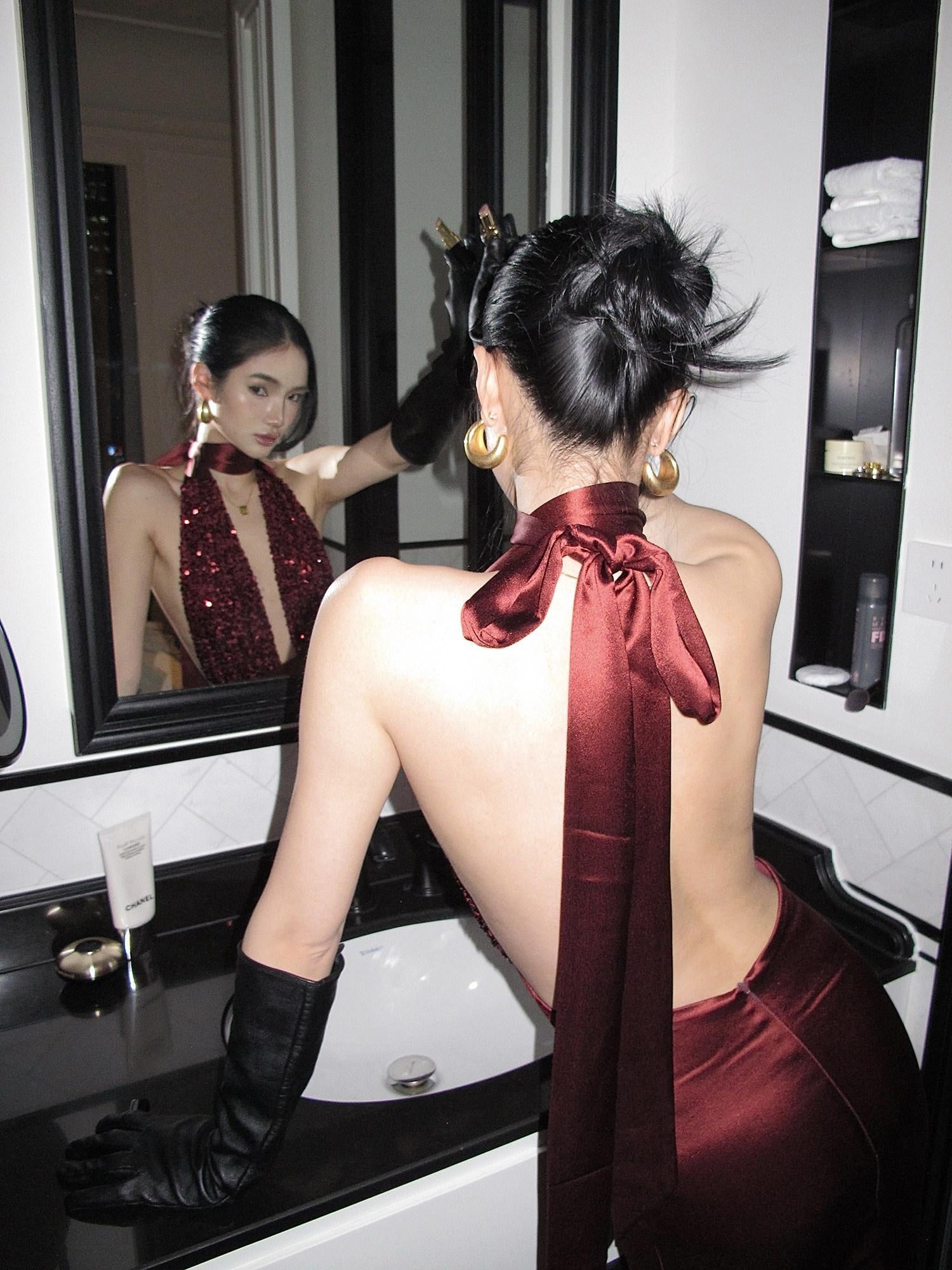 rovente Shimmer Sequin Halter Bodycon Sleeveless Women Evening Red Maxi Desses