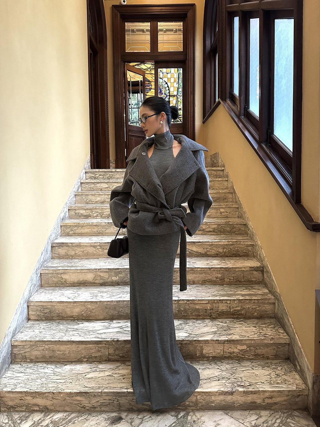 rovente Warm Thick Stand Collar Loose Korean Pocket Women Dark Gray Wool Coats