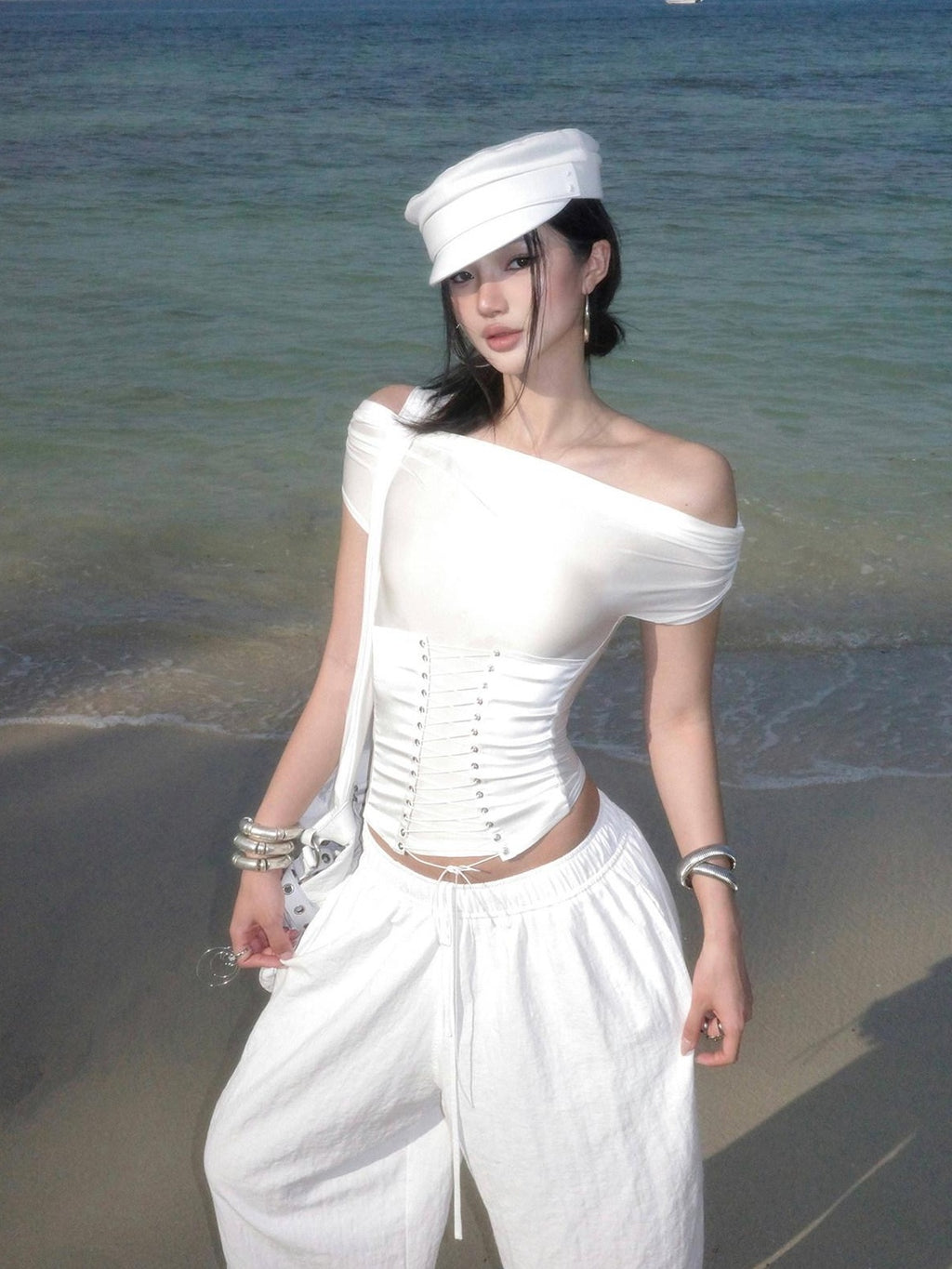 rovente Sexy Slim Tie Front Cropped White Bardot Top Women Travel Off Shoulde Cop Tops