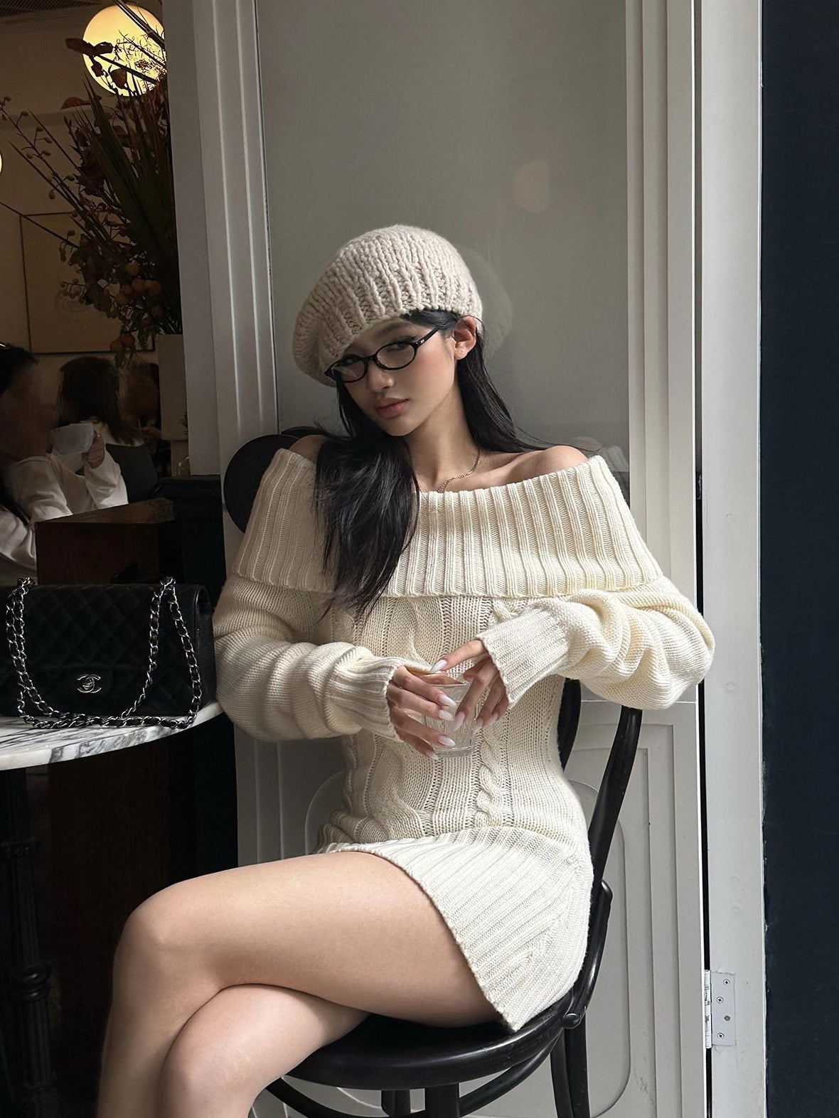rovente Cozy Knit Off Shoulder Longsleeve Loose Fit Workwear Pullover Almond Mini Desses