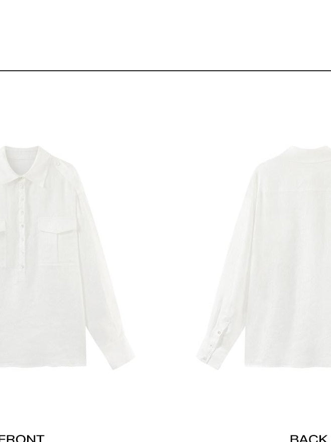 rovente Pure Linen Loose Fit Polo Collar Pocket Button Cardigan Long Sleeve Shits