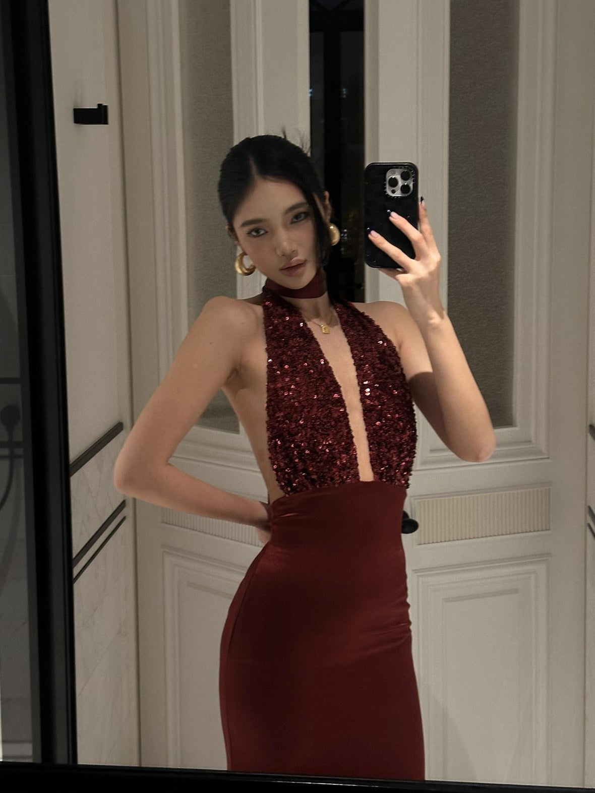 rovente Shimmer Sequin Halter Bodycon Sleeveless Women Evening Red Maxi Desses