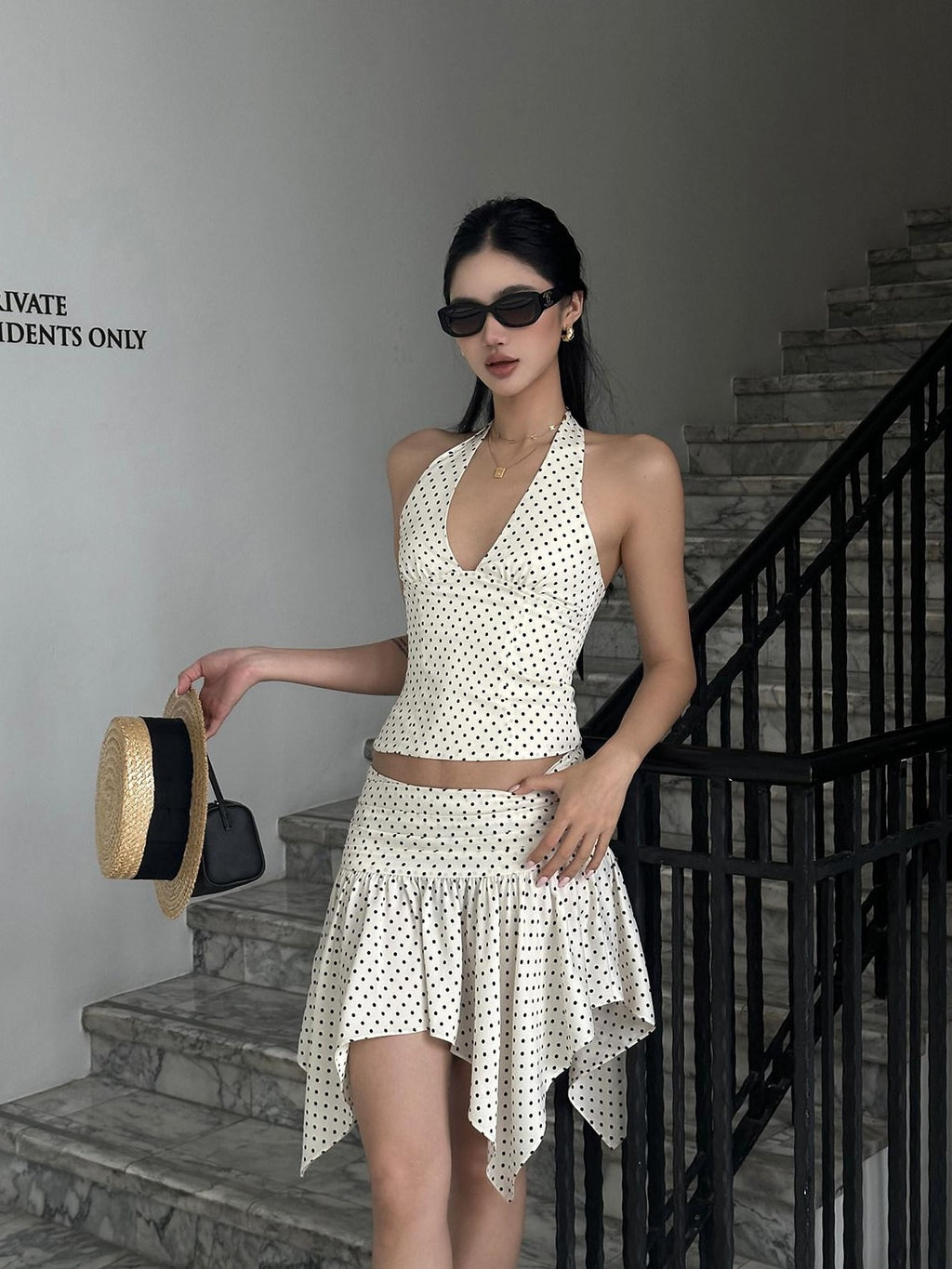 rovente Sexy Polka Dot V-neck Zipper White Cami Skirt Two Piece Top & Skit Sets