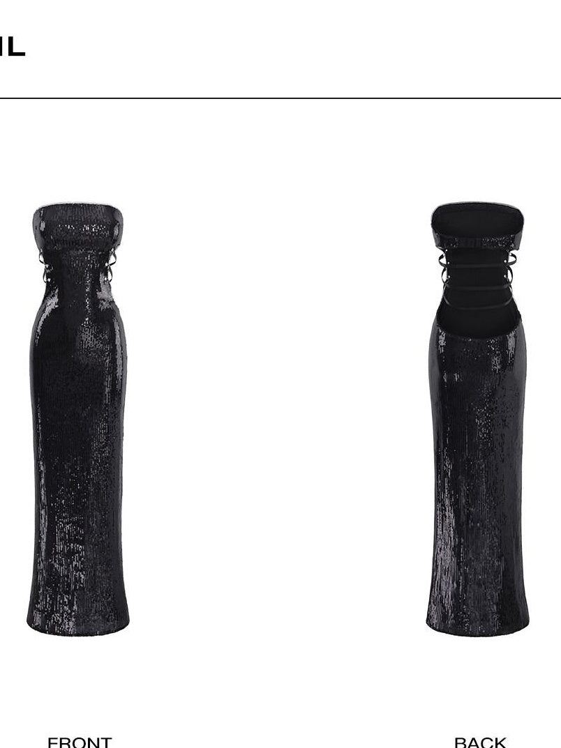 rovente Elegant Sequin Strapless Bodycon Women Party Banquet Black Polyester Mini Desses